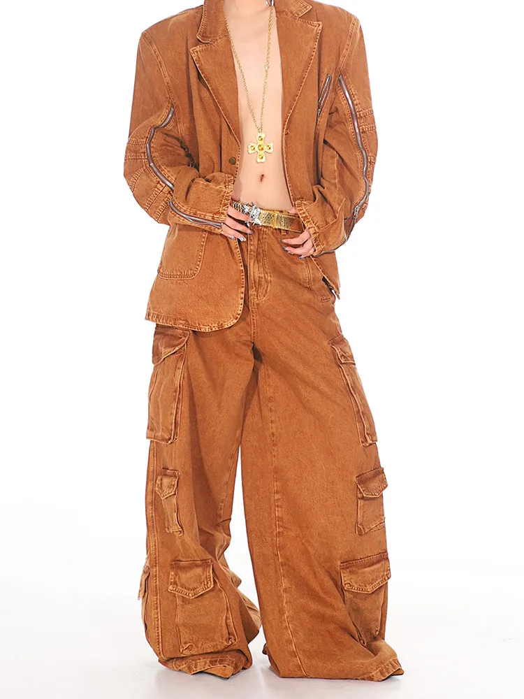【24s Sep.】Multi-pocket Washed Loose Workwear Denim Suit