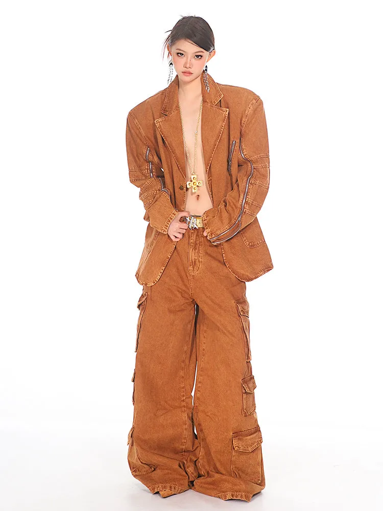 【24s Sep.】Multi-pocket Washed Loose Workwear Denim Suit