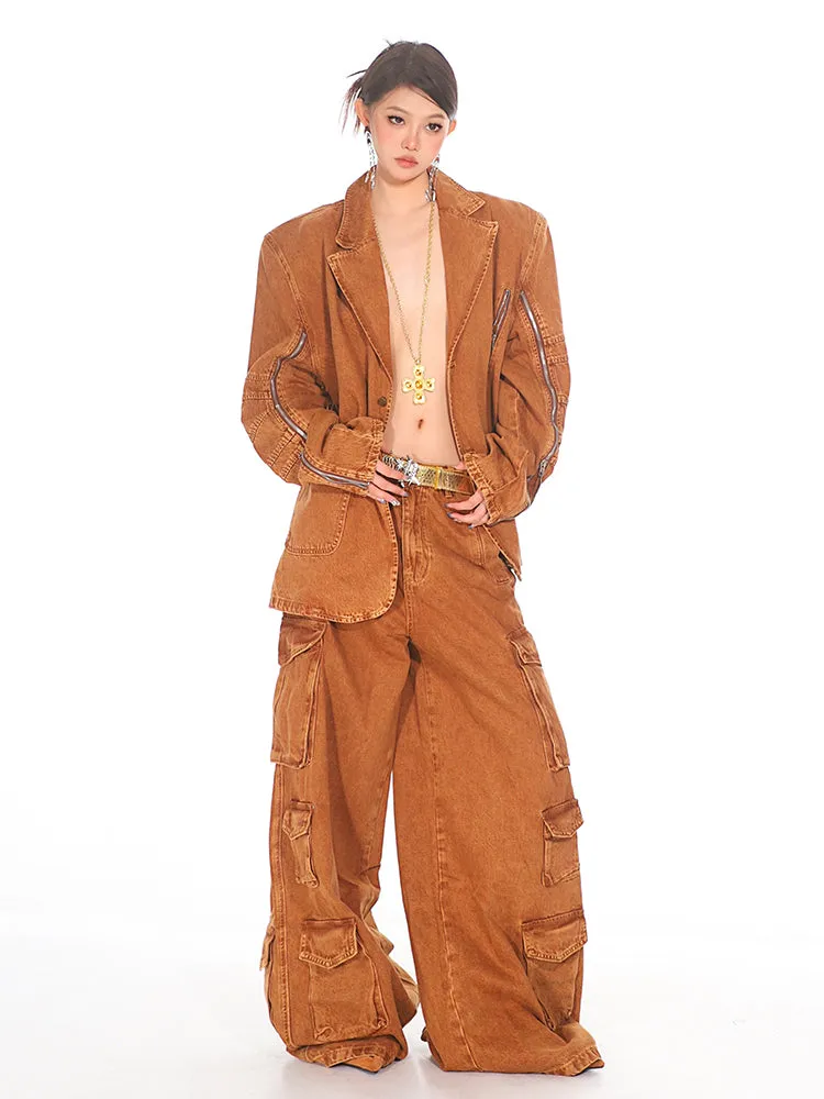 【24s Sep.】Multi-pocket Washed Loose Workwear Denim Suit