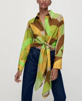 Autumn Women Geometric Abstract Pattern Lace up Long Sleeve Chic Shirt