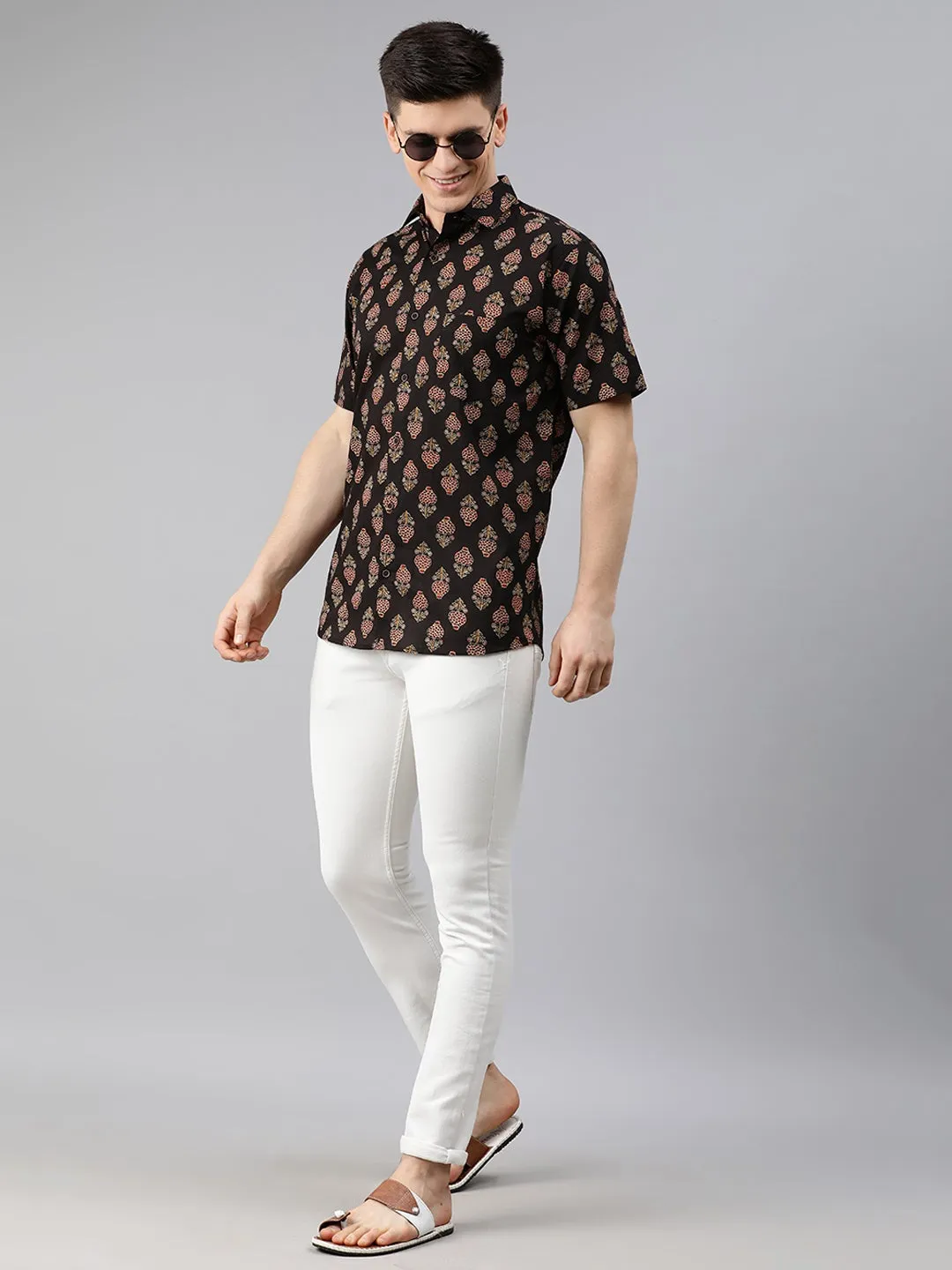 Black Cotton Short Sleeves Shirts For Men