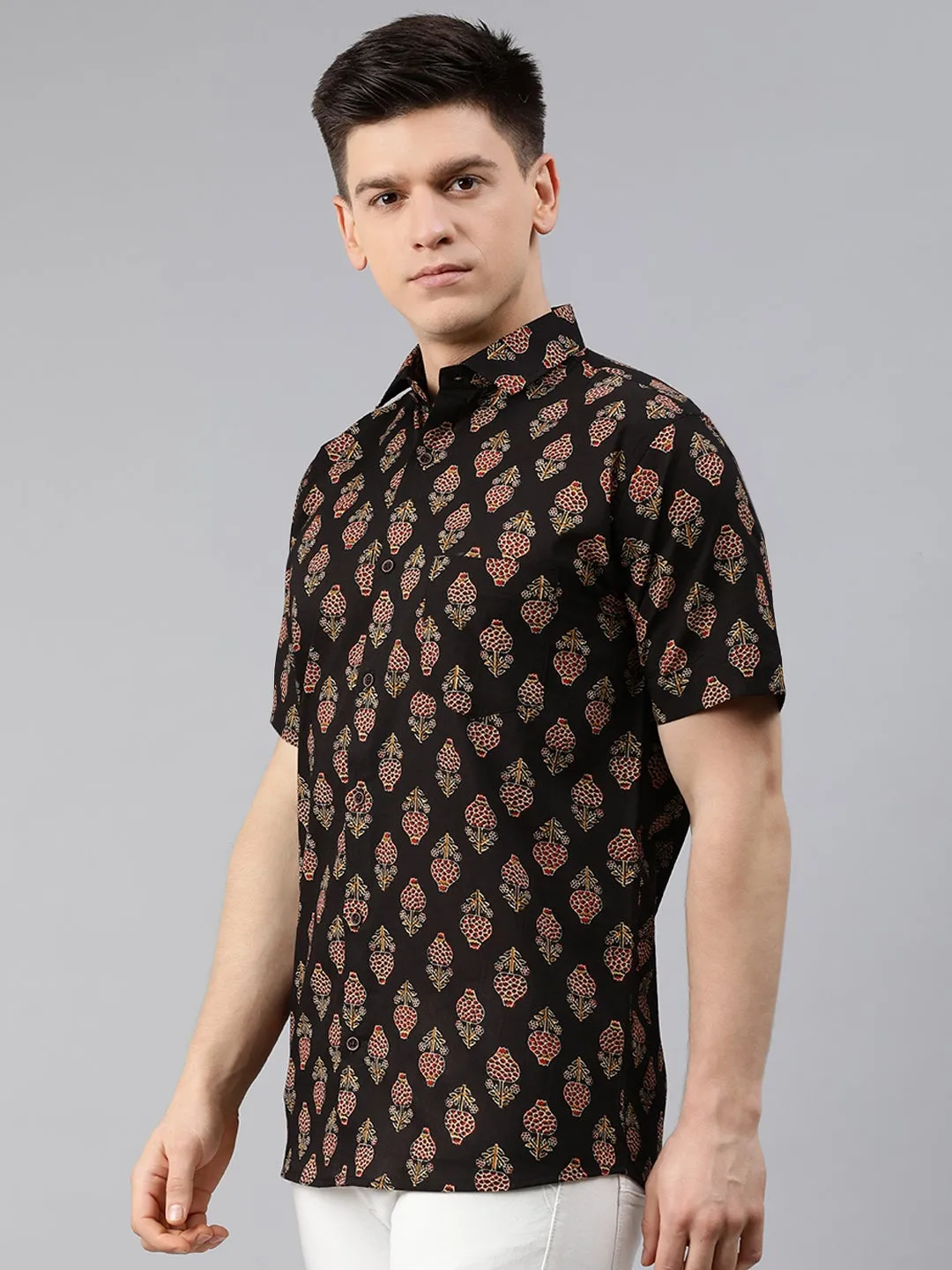 Black Cotton Short Sleeves Shirts For Men