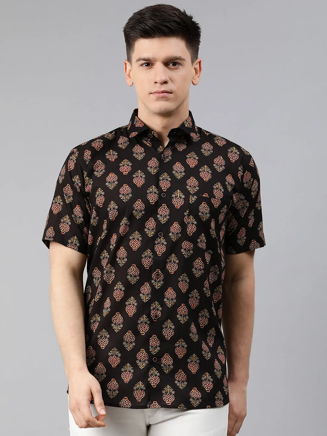 Black Cotton Short Sleeves Shirts For Men