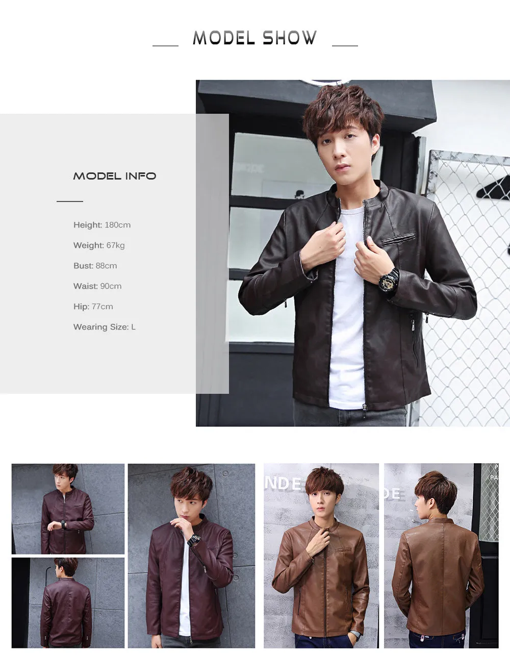 Classic Faux Leather Stand Collar Zipper Slim Fit Short Coat Jacket for Men 2212