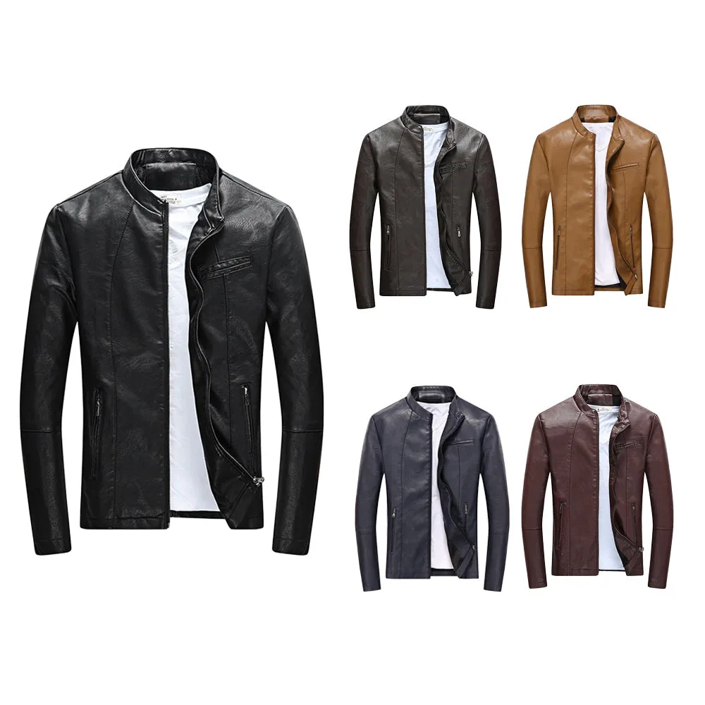 Classic Faux Leather Stand Collar Zipper Slim Fit Short Coat Jacket for Men 2212