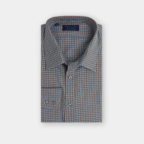 Contemporary Fit, Classic Collar, 2 Button Cuff Shirt in a Brown & Blue Check Twill Cotton