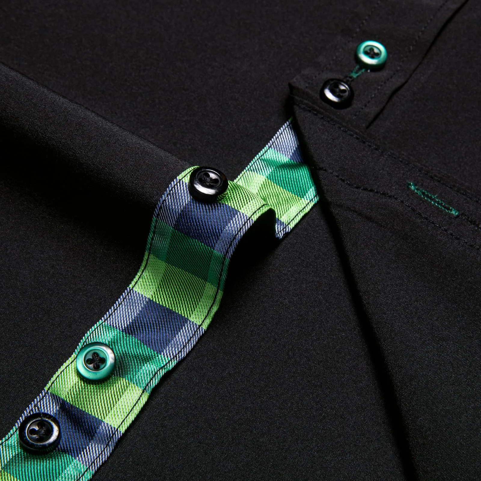 DiBanGu Mens Dress Shirt Black Solid Green Blue Plaid Splicing Long Sleeve Shirt