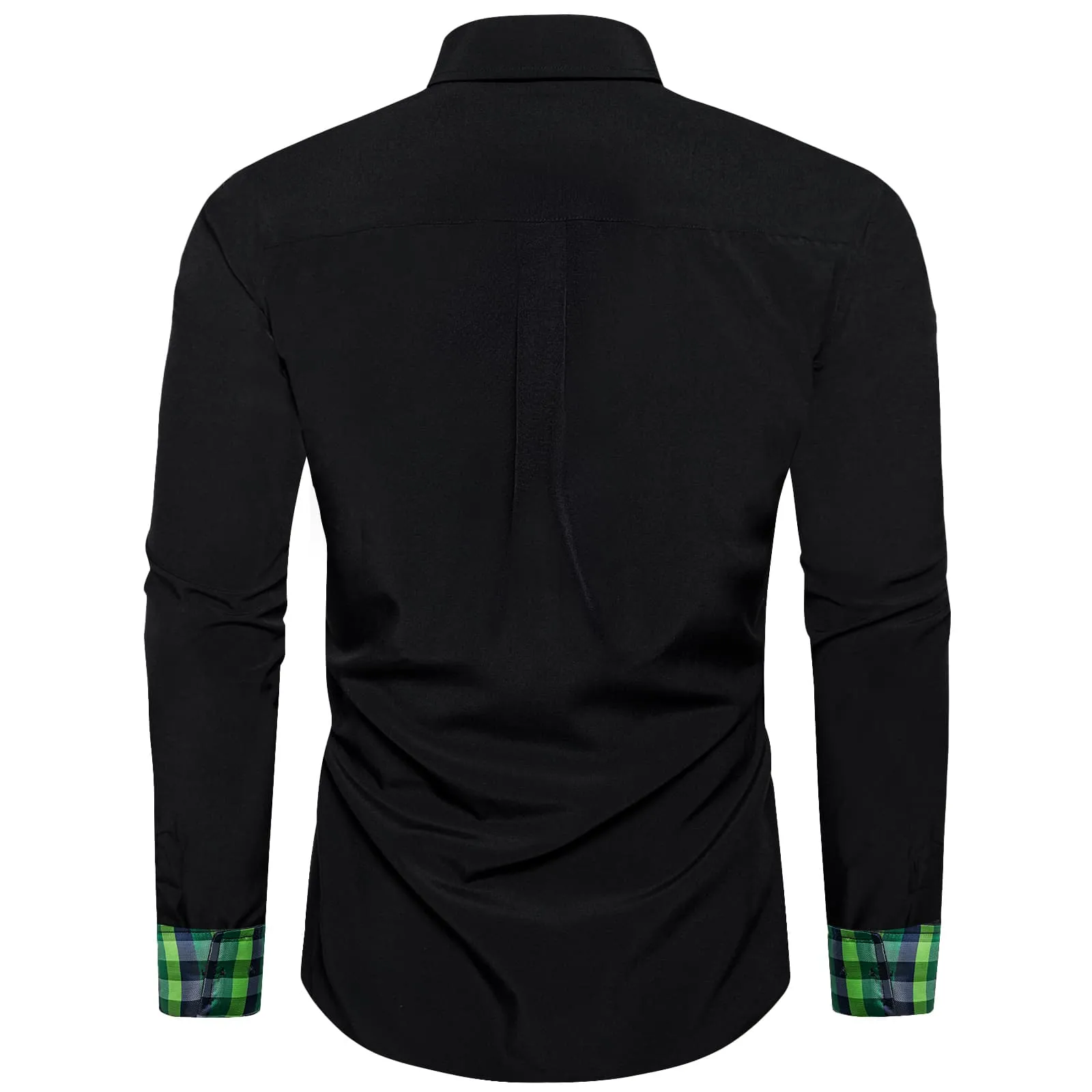 DiBanGu Mens Dress Shirt Black Solid Green Blue Plaid Splicing Long Sleeve Shirt