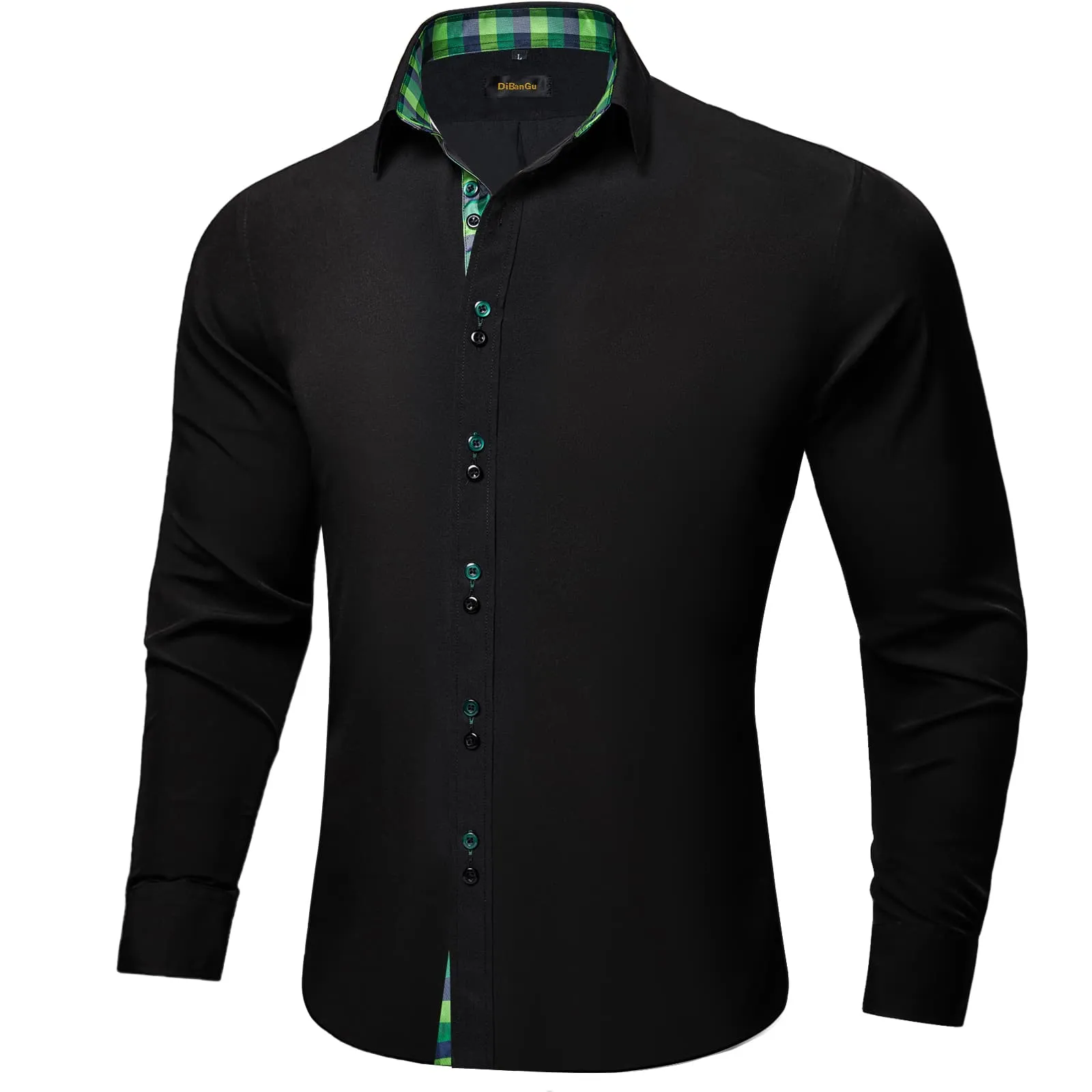 DiBanGu Mens Dress Shirt Black Solid Green Blue Plaid Splicing Long Sleeve Shirt