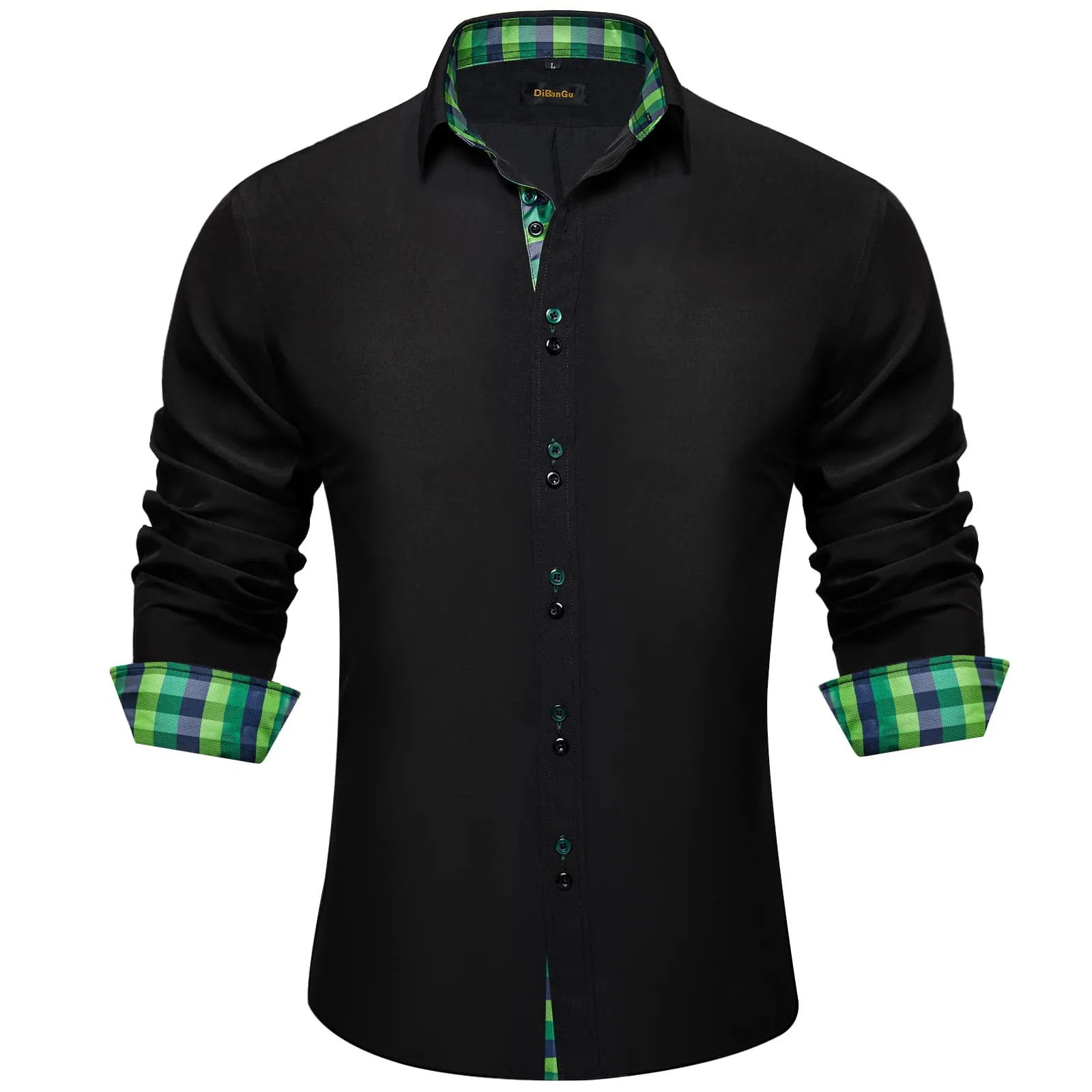 DiBanGu Mens Dress Shirt Black Solid Green Blue Plaid Splicing Long Sleeve Shirt