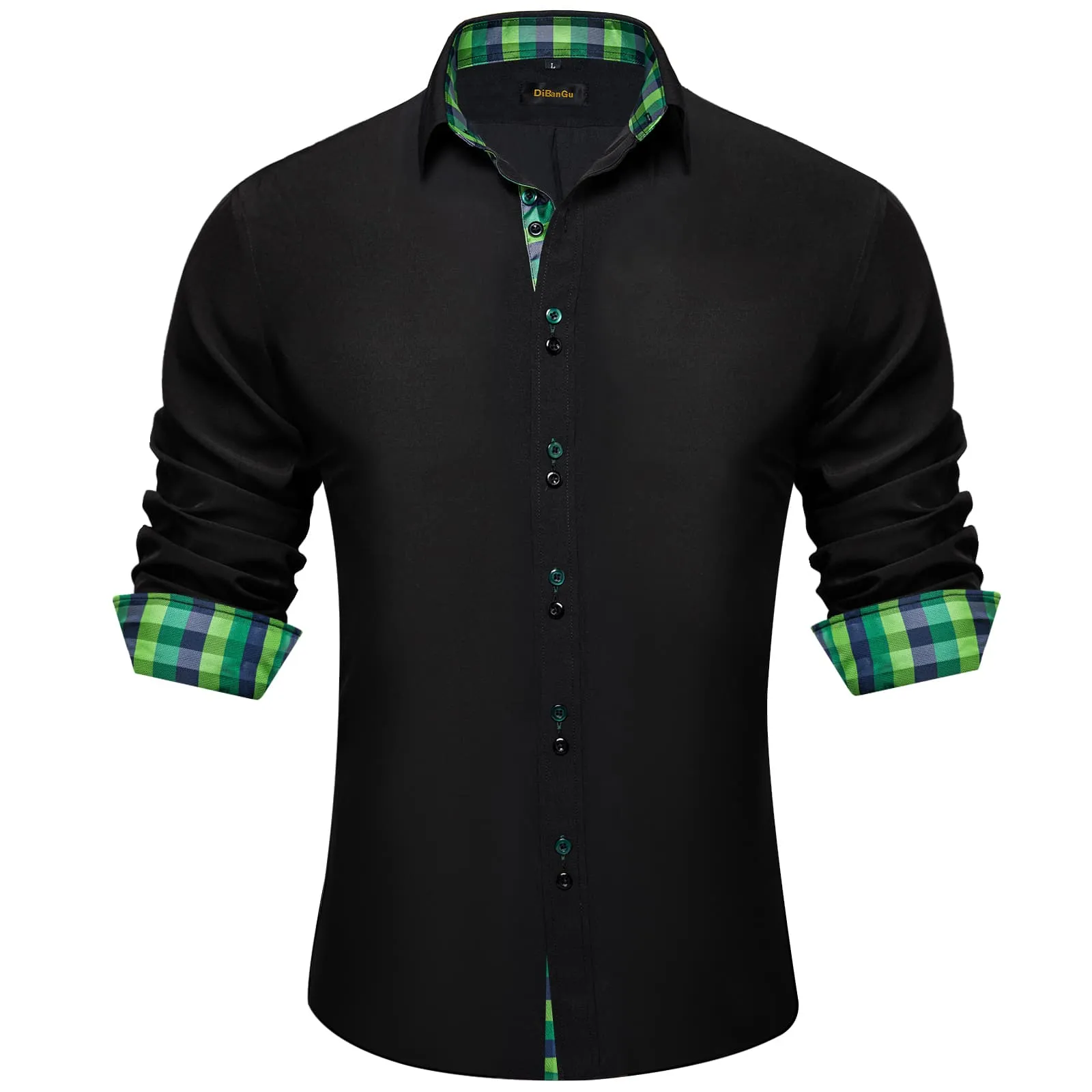 DiBanGu Mens Dress Shirt Black Solid Green Blue Plaid Splicing Long Sleeve Shirt