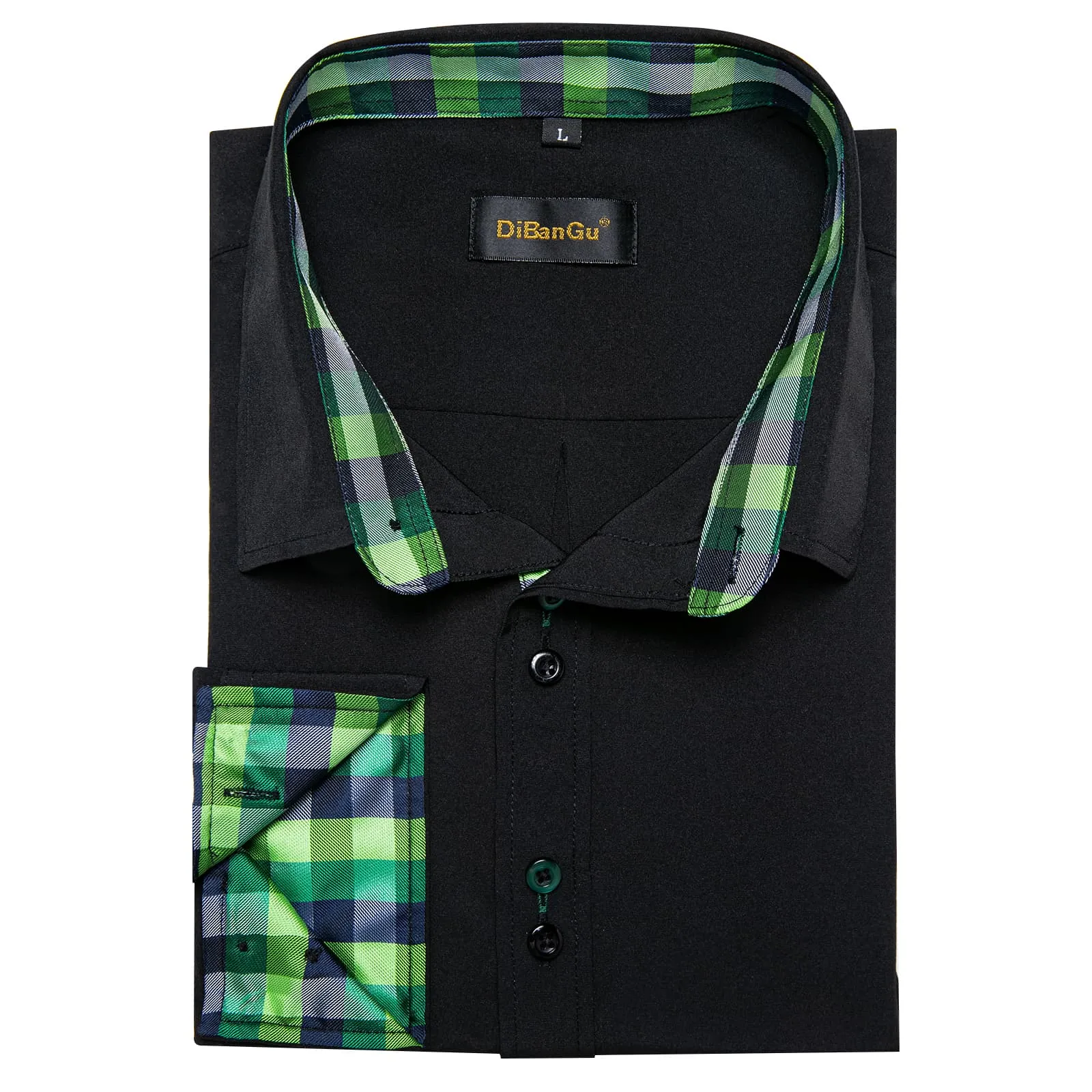 DiBanGu Mens Dress Shirt Black Solid Green Blue Plaid Splicing Long Sleeve Shirt