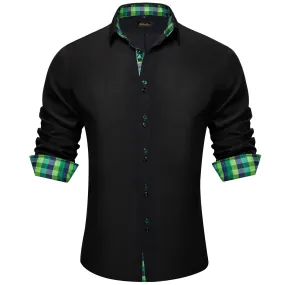 DiBanGu Mens Dress Shirt Black Solid Green Blue Plaid Splicing Long Sleeve Shirt