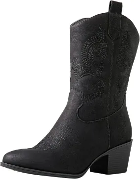 GLOBALWIN Women's Mid Calf The Western Cowgirl Boots Fashion Cowboy Boots For Women Chunky Low Heel