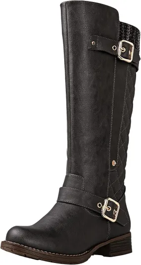 GLOBALWIN Women's Quilted Knee High Boots For Women Low Heel Comfortable Fashion Riding Boots