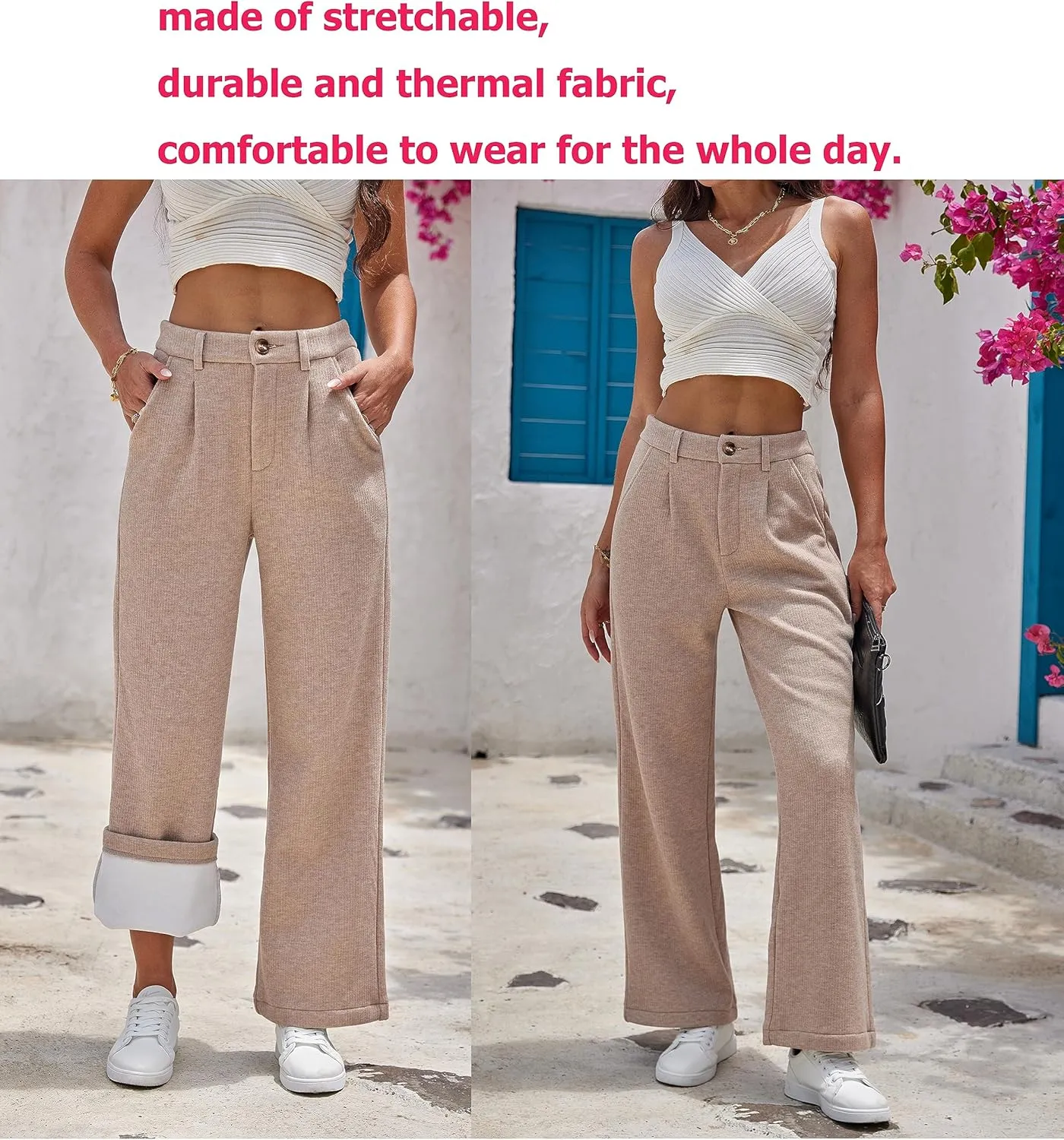 heipeiwa Women's Fleece Lined Winter Thermal Cashmere Knit Wide Leg Pants Trouser Casual Dressy Outfit