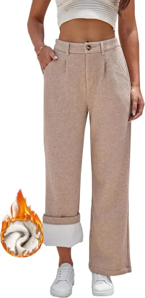 heipeiwa Women's Fleece Lined Winter Thermal Cashmere Knit Wide Leg Pants Trouser Casual Dressy Outfit