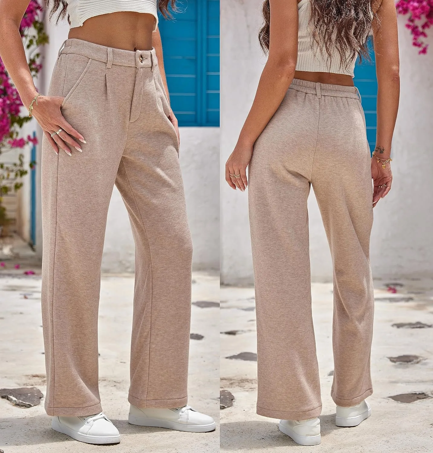 heipeiwa Women's Fleece Lined Winter Thermal Cashmere Knit Wide Leg Pants Trouser Casual Dressy Outfit