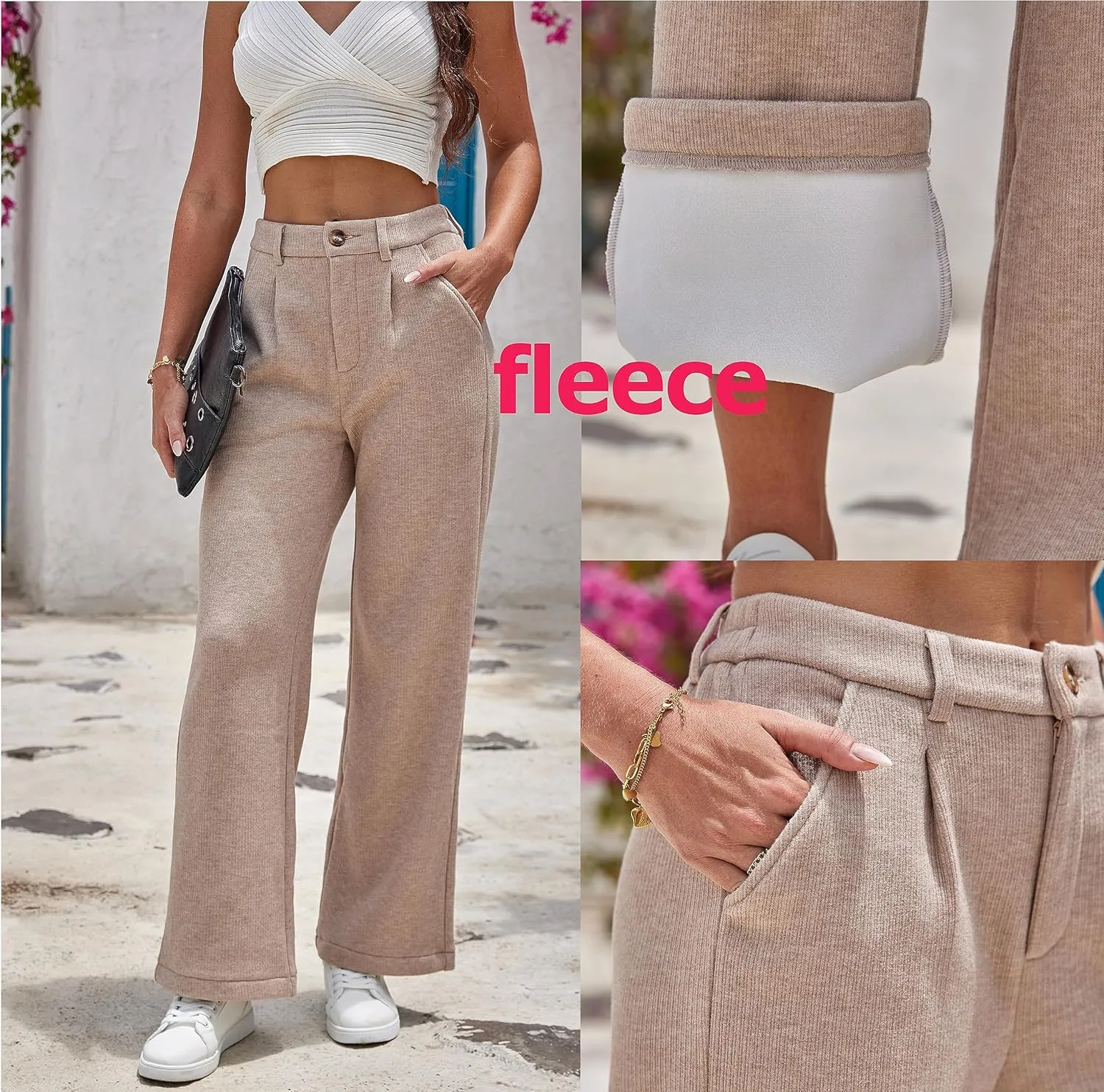heipeiwa Women's Fleece Lined Winter Thermal Cashmere Knit Wide Leg Pants Trouser Casual Dressy Outfit