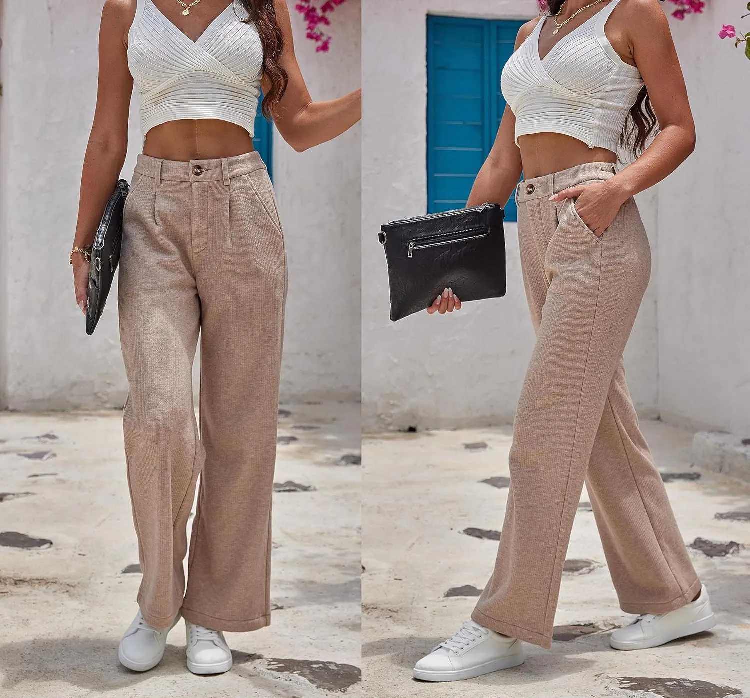 heipeiwa Women's Fleece Lined Winter Thermal Cashmere Knit Wide Leg Pants Trouser Casual Dressy Outfit