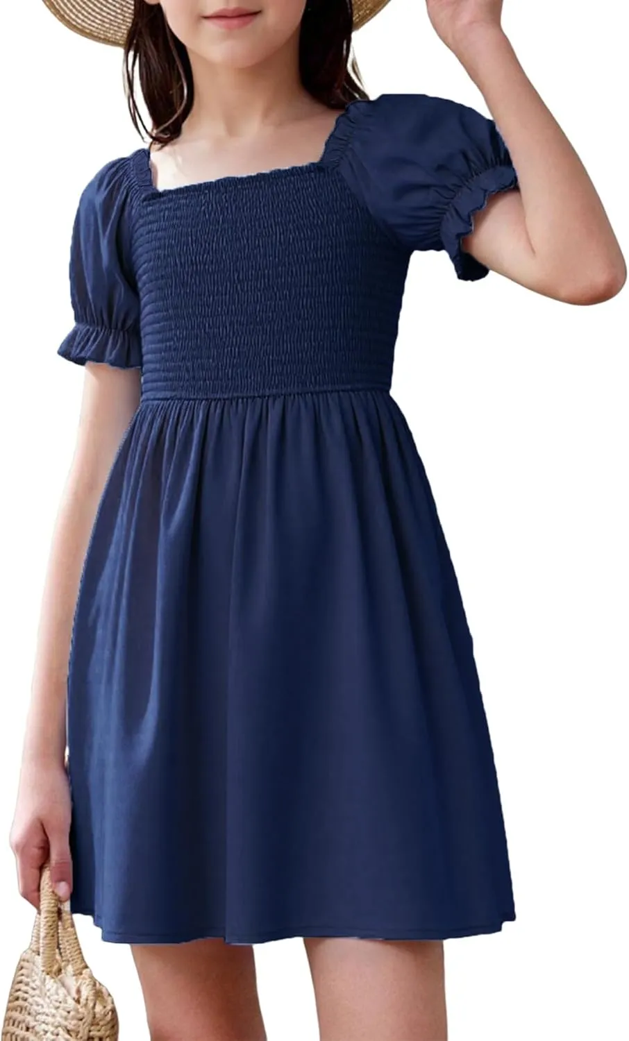 JiAmy Girls Summer Dress Ruffle Puff Sleeve Casual Dresses for Kids Square Neck Smocked Flowy Dress 5-14 Y