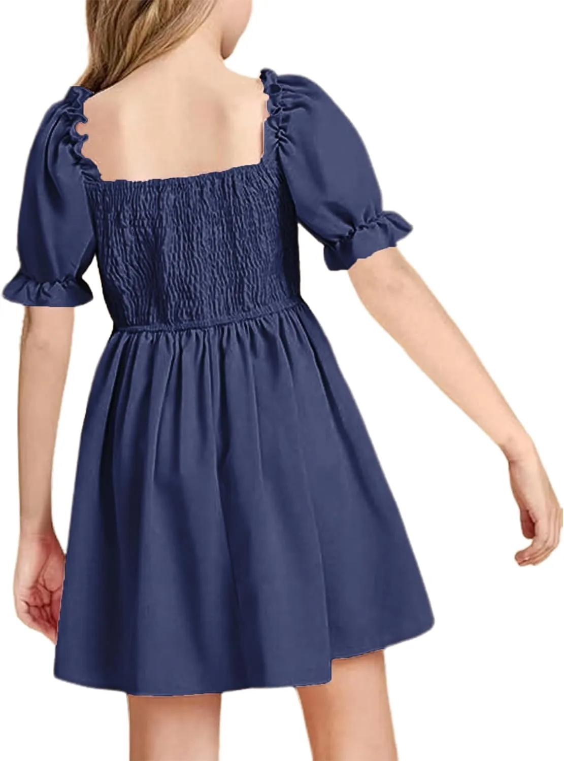 JiAmy Girls Summer Dress Ruffle Puff Sleeve Casual Dresses for Kids Square Neck Smocked Flowy Dress 5-14 Y