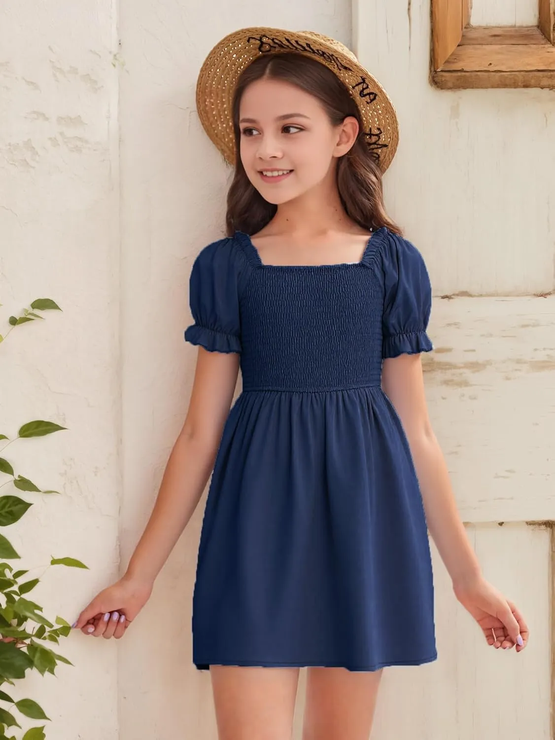 JiAmy Girls Summer Dress Ruffle Puff Sleeve Casual Dresses for Kids Square Neck Smocked Flowy Dress 5-14 Y