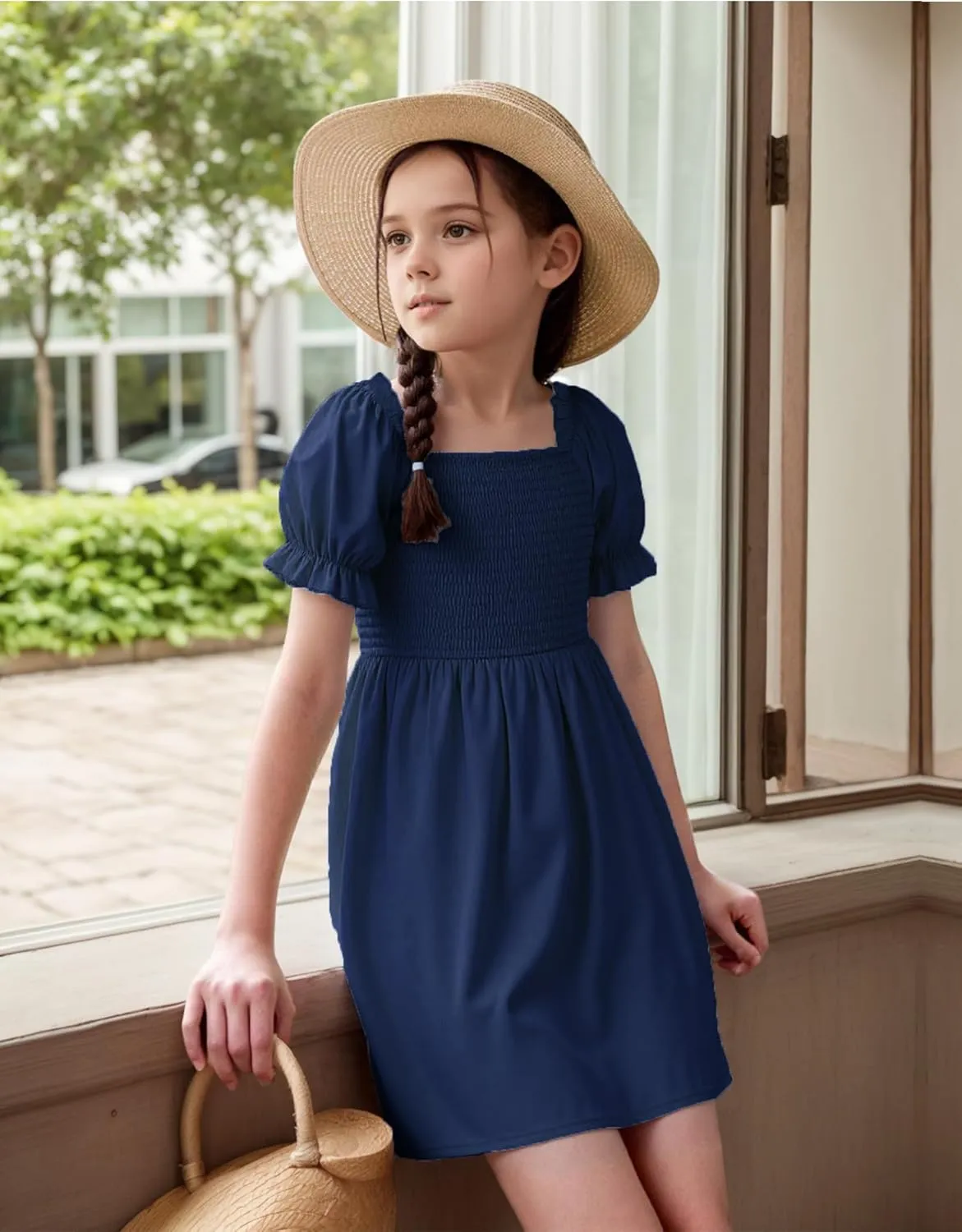 JiAmy Girls Summer Dress Ruffle Puff Sleeve Casual Dresses for Kids Square Neck Smocked Flowy Dress 5-14 Y