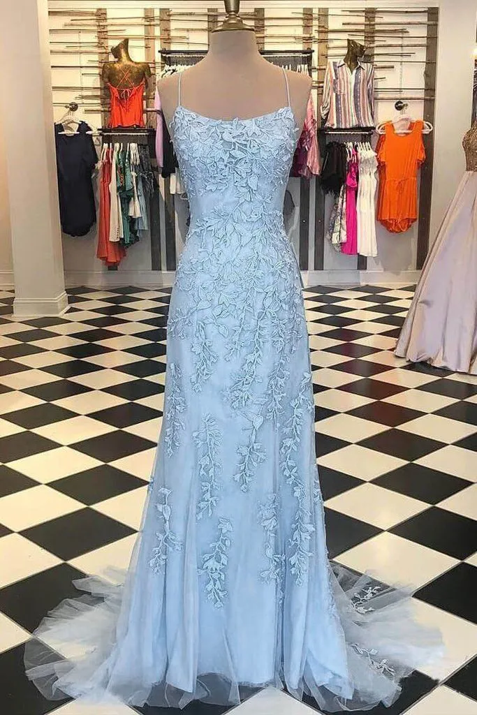 kamahe Chic Trumpet Spaghetti Straps With Lace Appliques Light Blue Prom Dresses