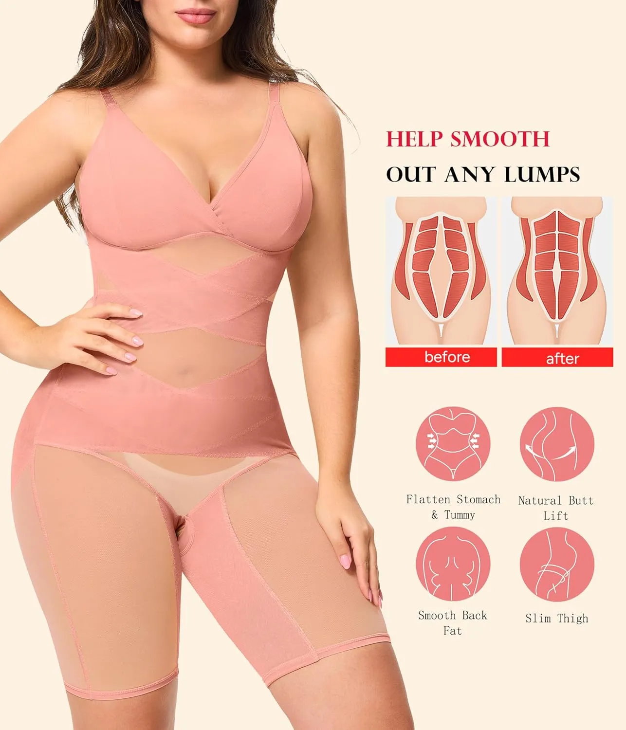 KUMAYES Shapewear Bodysuit for Women - Tummy Control Butt Lifter Fajas Body Shaper V-Neck Body suit Waist Trainer