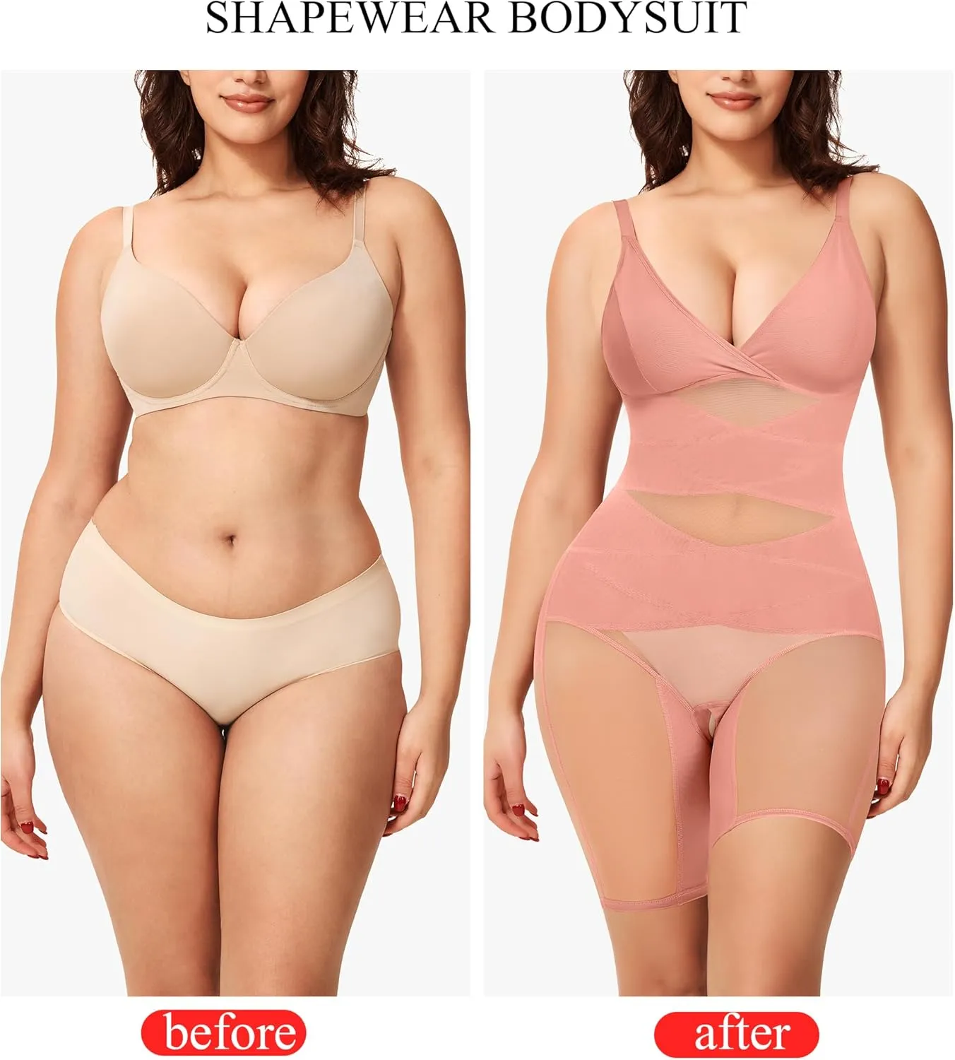 KUMAYES Shapewear Bodysuit for Women - Tummy Control Butt Lifter Fajas Body Shaper V-Neck Body suit Waist Trainer
