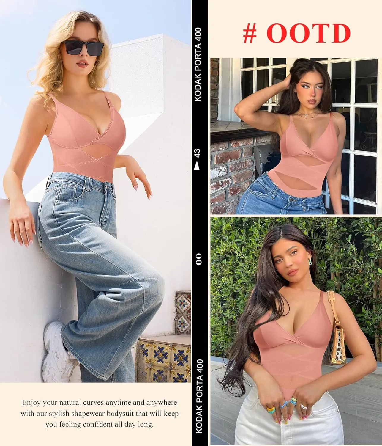 KUMAYES Shapewear Bodysuit for Women - Tummy Control Butt Lifter Fajas Body Shaper V-Neck Body suit Waist Trainer