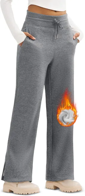 MAGCOMSEN Women's Wide Leg Sweatpants Fleece Lined Lounge Pants High Waisted Baggy Warm Winter Pants with Pockets