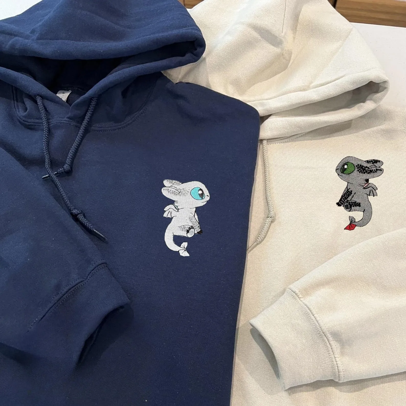Matching Couple Hoodies - Toothless & Light Fury Custom Embroidered Sweatshirts For Couples