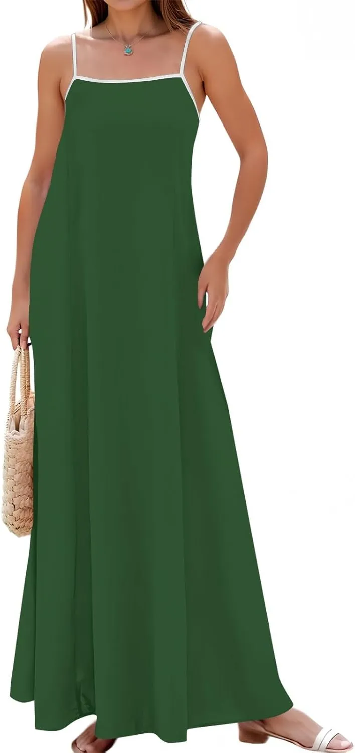 Maxi Dresses for Women 2025 Sleeveless Adjustable Spaghetti Straps Long Dress Summer Loose Flowy Boho Beach Sundress