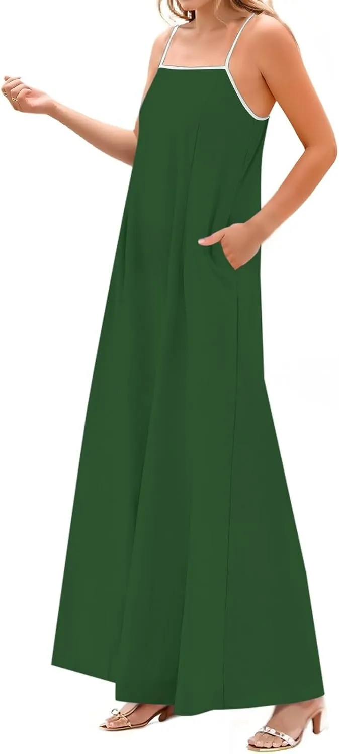 Maxi Dresses for Women 2025 Sleeveless Adjustable Spaghetti Straps Long Dress Summer Loose Flowy Boho Beach Sundress