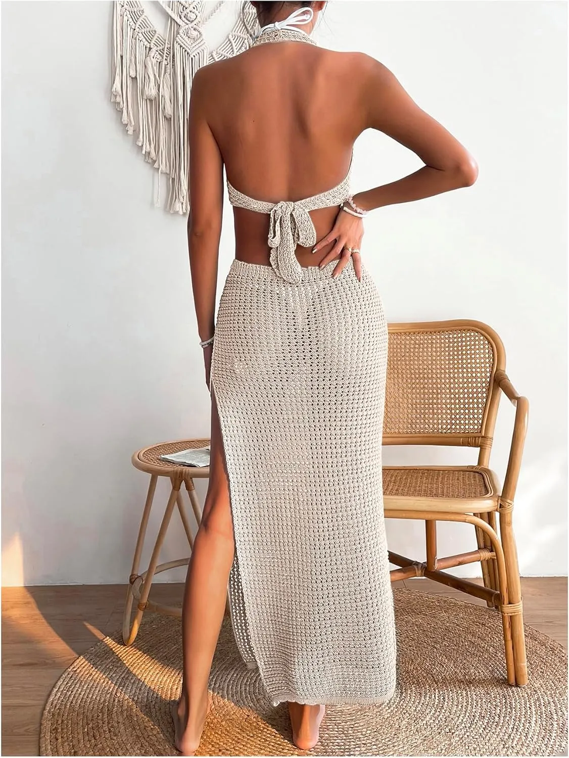 OYOANGLE Women's Crochet Halter Sleeveless Bikini Dresses V Neck Split Cover Up Long Dress