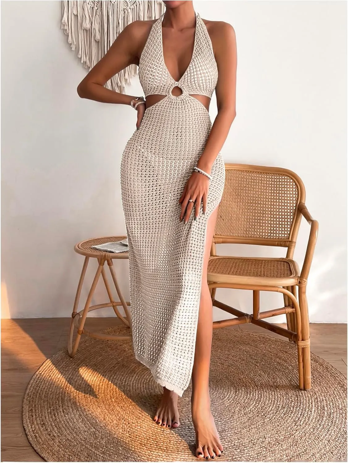 OYOANGLE Women's Crochet Halter Sleeveless Bikini Dresses V Neck Split Cover Up Long Dress