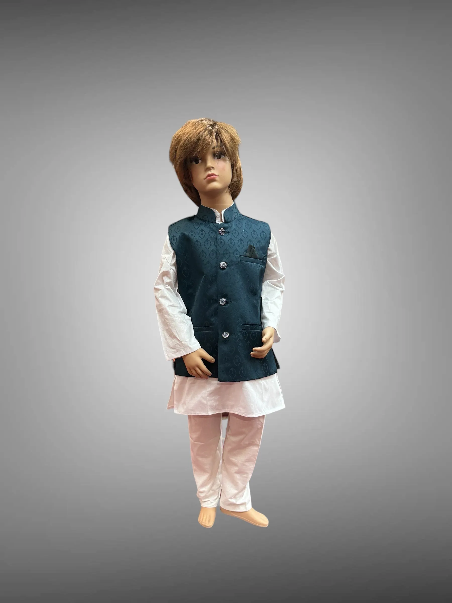 Silk Self Printed Prussian Blue Kids Vest