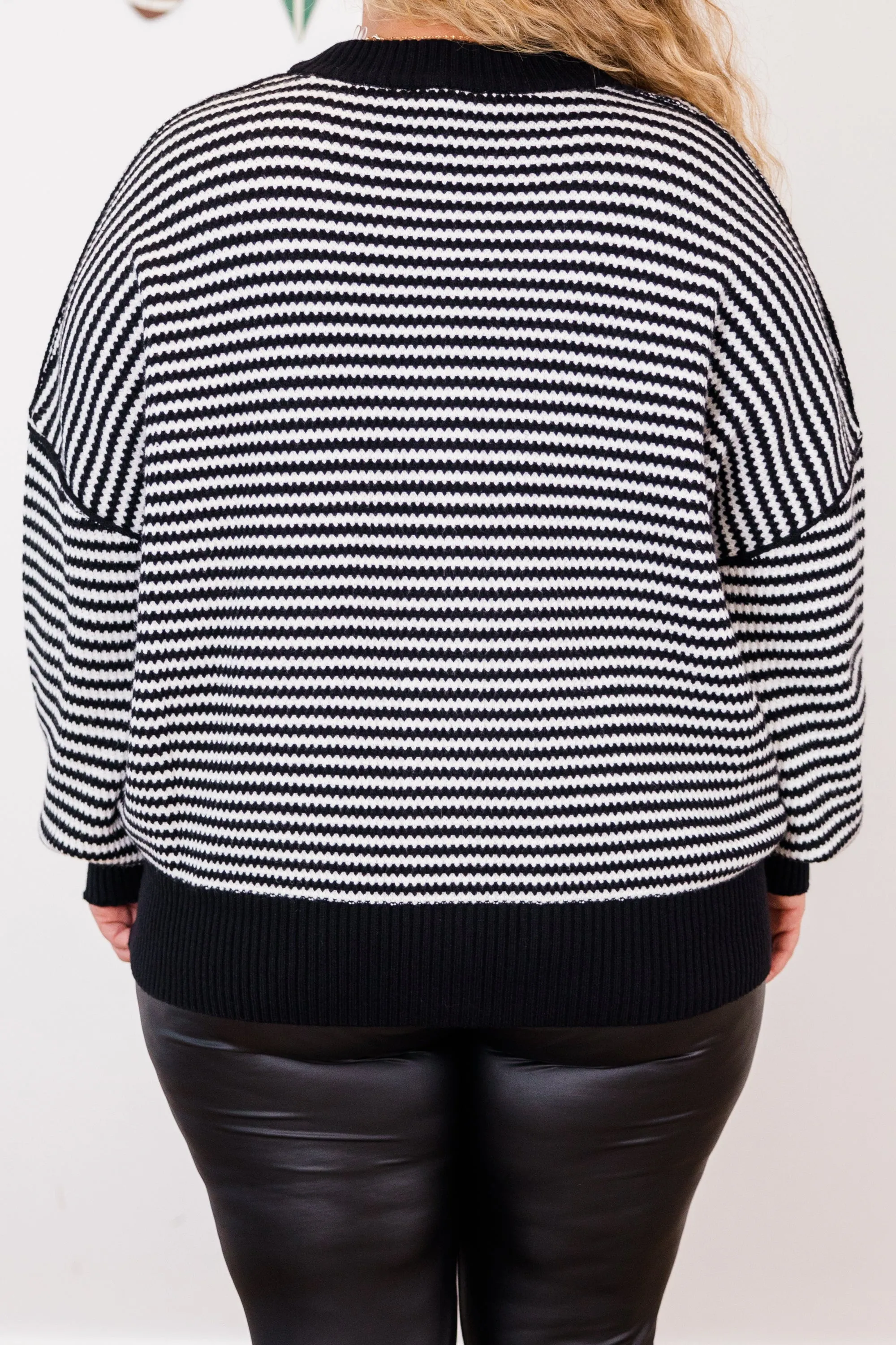 Snuggly Stripe Button-Up Sweater, Black-Ivory