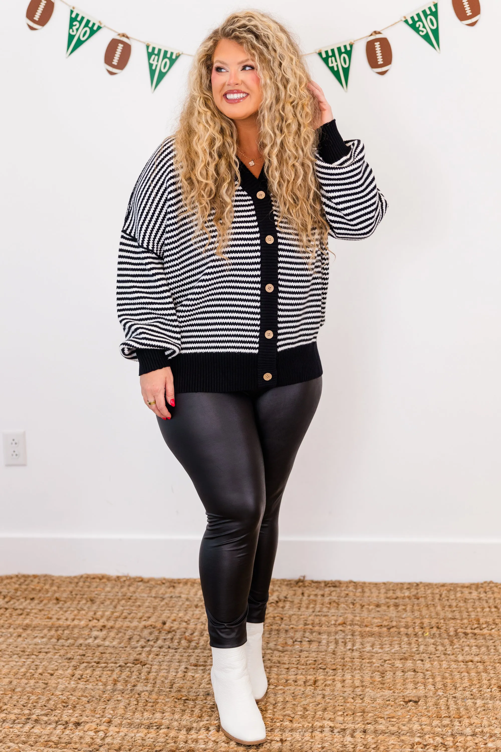 Snuggly Stripe Button-Up Sweater, Black-Ivory