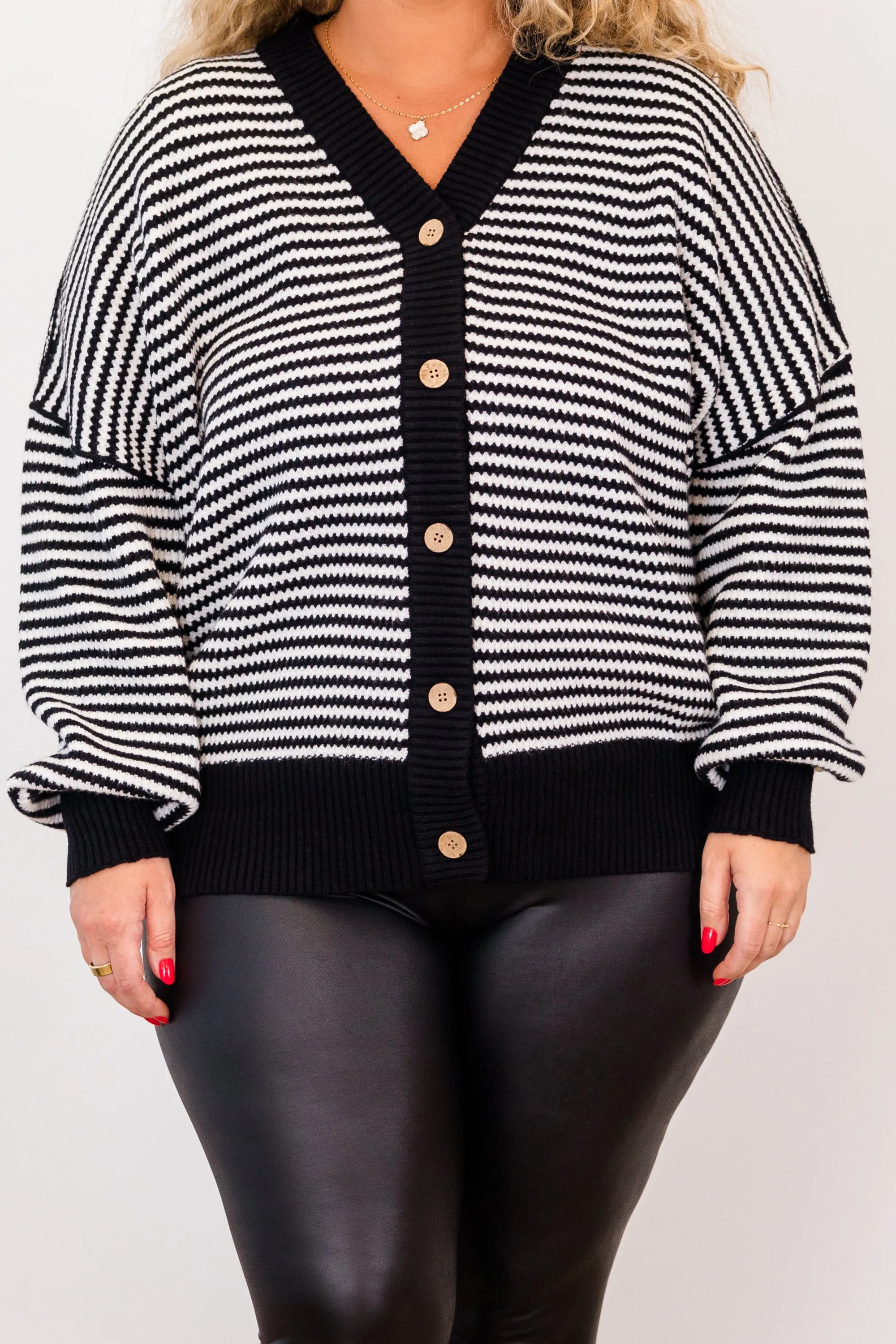 Snuggly Stripe Button-Up Sweater, Black-Ivory