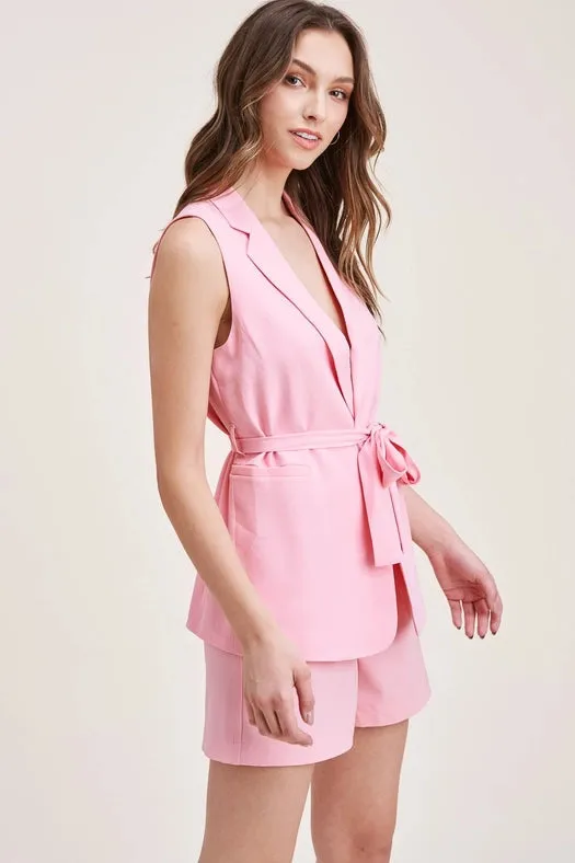 Solid Color Vest with Tie On Waist LT. PINK
