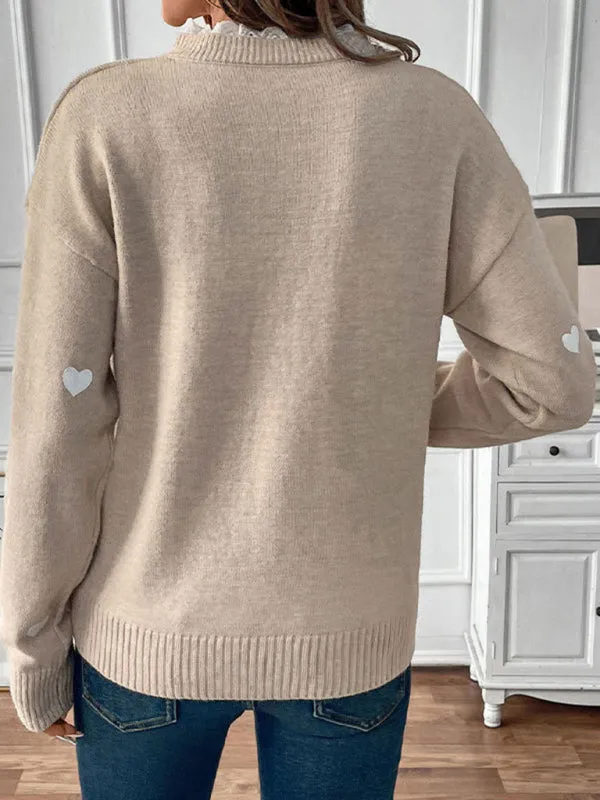 Trendy Heart Pattern Sweater with Lace Detail