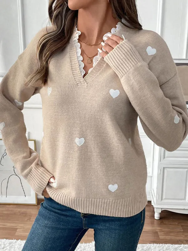 Trendy Heart Pattern Sweater with Lace Detail