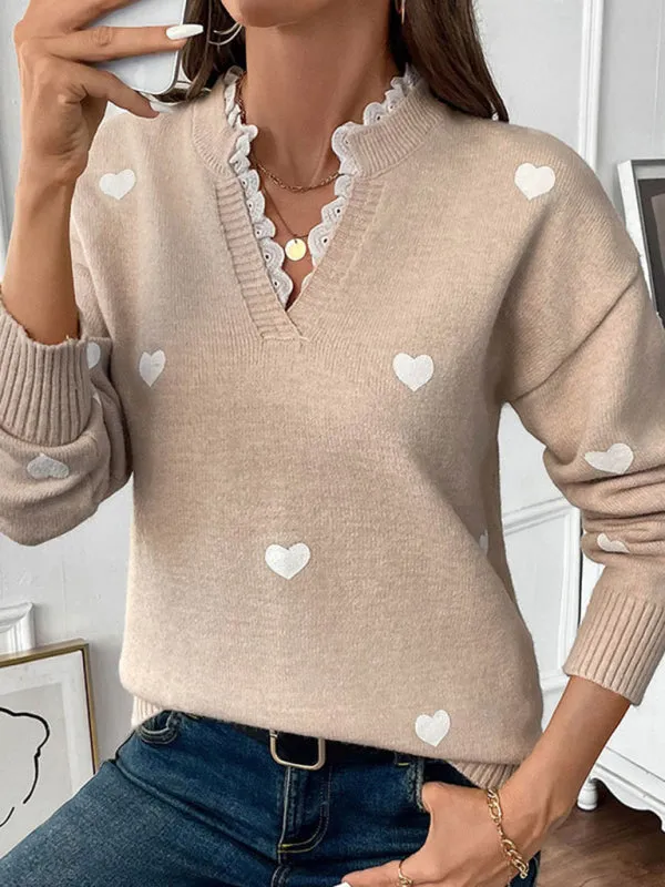 Trendy Heart Pattern Sweater with Lace Detail