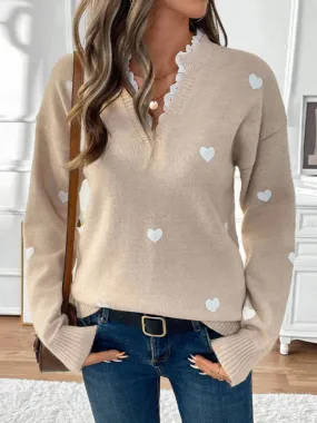 Trendy Heart Pattern Sweater with Lace Detail