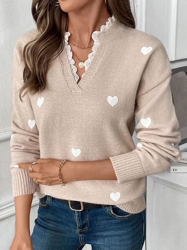 Trendy Heart Pattern Sweater with Lace Detail