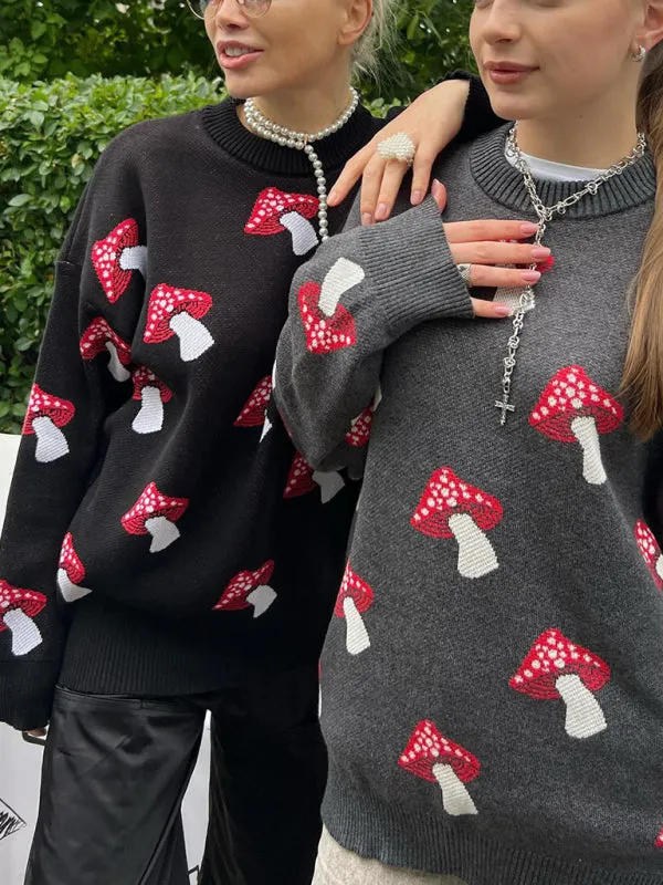 Trendy Oversized Sweater with Mushroom Print