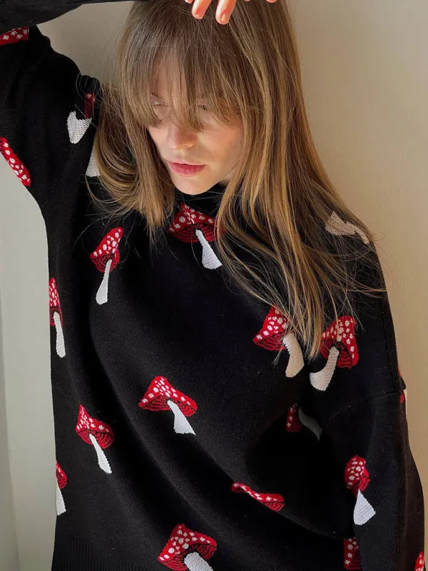 Trendy Oversized Sweater with Mushroom Print